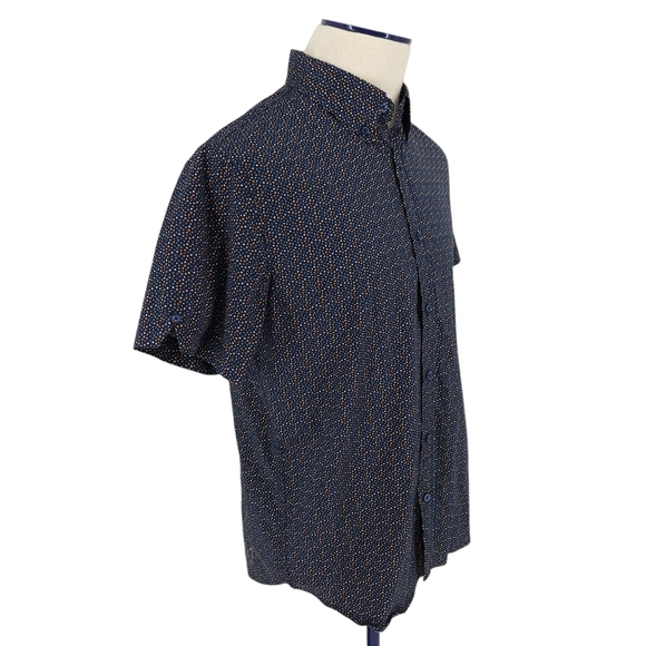 Ben Sherman Stretch Slim Fit Shirt Navy Polka Dot Short Sleeve Button Collared - Picture 2 of 8